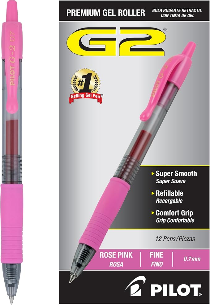Pilot G2 Premium Refillable and Retractable Rolling Ball Gel Pens, Fine Point, 0.7 mm, Pink Ink Pens, 12-Pack