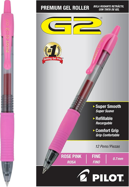Pilot G2 Premium Refillable and Retractable Rolling Ball Gel Pens, Fine Point, 0.7 mm, Pink Ink Pens, 12-Pack