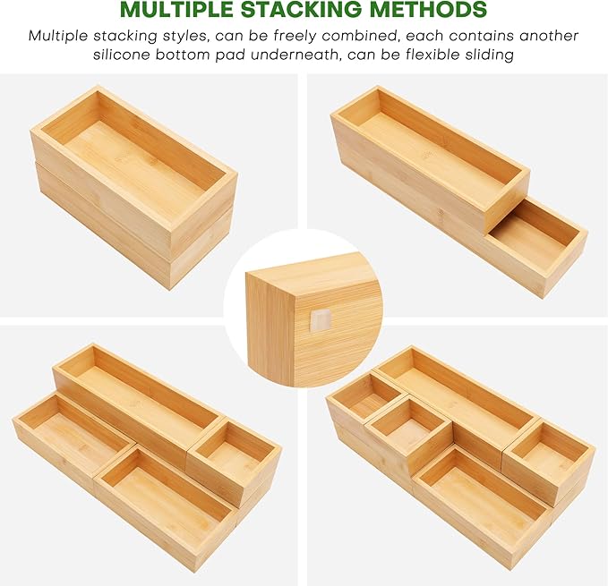 MapleGrace Bamboo Drawer Organizer Set, 9 PCS Wood Storage Organizers | Multi-Use Junk Drawer Divider, Storage Trays Containers for Kitchen, Bathroom, Office Desk, Makeup, Jewelry, Utensils