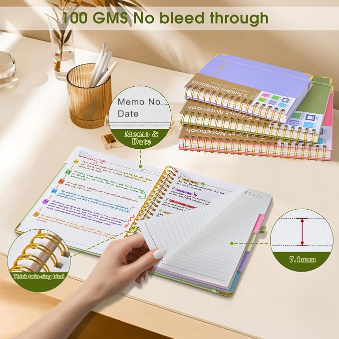Hardcover Spiral Notebooks for Work, 5 Subject Notebook College Ruled with Dividers Tabs, Lined Organizer Notebook Journal for women, 8"x10" Large B5 Notebooks for School Note taking, 240 Pages Green