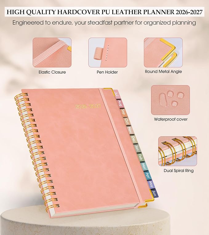 Academic Planner 2026-2027, Hardcover Leather Weekly and Monthly Calendar Planner from July 2026 - June 2027, A4 8.5" x 11" Daily Agenda with Tabs, College School Organizer for Student Teacher, Pink