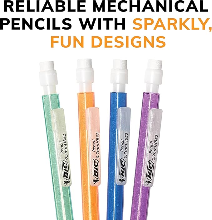 BIC Xtra-Sparkle Number 2 Mechanical Pencils With Erasers, Medium Point (0.7mm), 15-Count Pack, Cute Mechanical Pencils for Girls, Boys and Adults (Barrel Colors May Vary)
