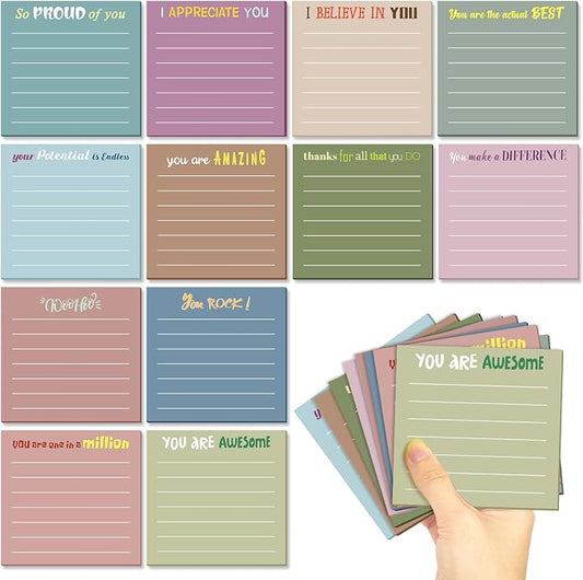 Yinder 12 Pcs Inspirational Sticky Notes, Back to School Supplies, Cute Motivational Sticky Notes Pad Employee Appreciation Gifts Bulk for Teacher Coworker Office 3 x 3'' (Appreciation,Neutral Color)