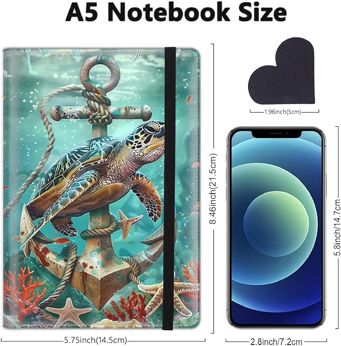 A5 Leather Lined Journal Notebook, 200 Pages Hardcover Executive Notebook for Men Women Office School Note Taking, Thick Writing Paper Daily Journal with Bookmarks/Indexes,Turtle Fish Anchor