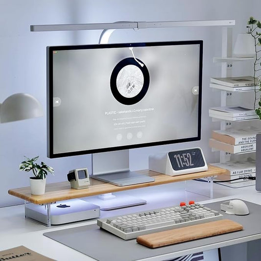 Bamboo Monitor Stand Riser with RGB Lights,31.5 Inches Desktop Shelf with Acrylic Legs Supports for Desk, PC Computer Monitor, Laptops, Printer, Speakers (Natural)
