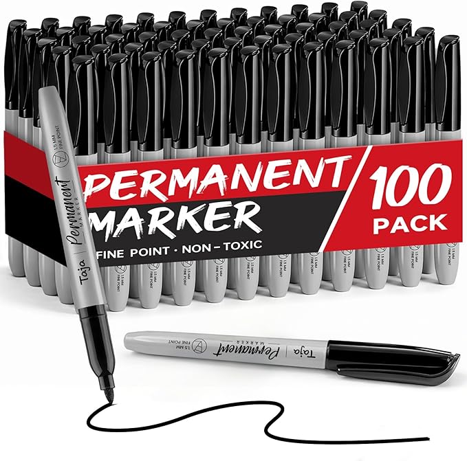 Taja (100 Counts) Permanent Markers, Fine Tip, Black, Quick-Drying and Fade-Resistant Bulk Marker Set for Writing and Sketching on Wood, Plastic, Metal, Glass, Perfect for School and Office Supplies