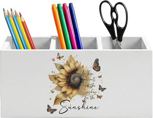 Inspirational Golden Sunflower Pen Holder for Home Office Desk, When You Can't Find the Sunshine Be the Sunshine Motivational Wooden Box Sign Pencil Holder for Desk Shelf Organizer