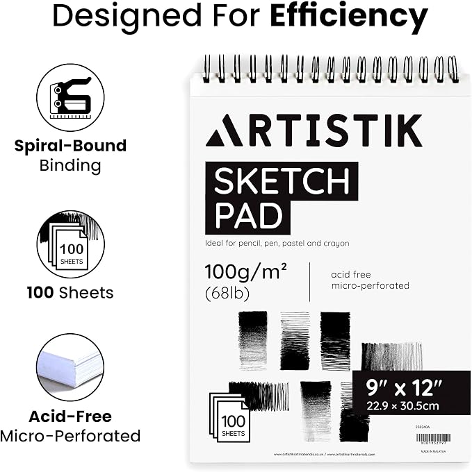 ARTISTIK Spiral Sketch Pad – 100-Sheet Perforated Sketchbook for Pencil, Pastel & Crayon – 100 g/m²(68lb) Mixed Media Sketching & Writing Pad – 9" x 12", Pack of 2