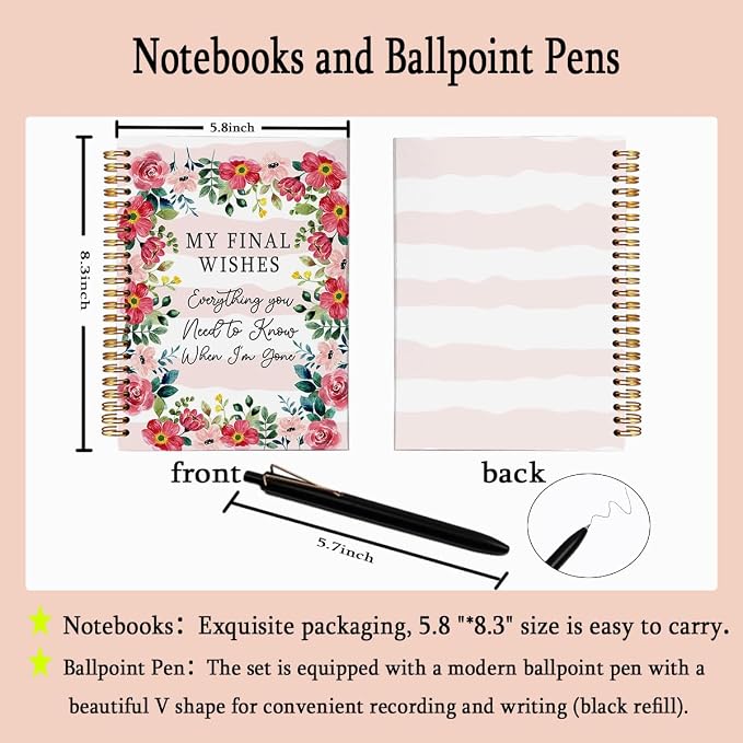 My Final Wishes End of Life Planner with Pen Set - A5 Spiral Notebook, Everything You Need to Know Lined Journal, Funny Retirement Goodbye Gifts for Coworkers, Peace of Mind Organizer