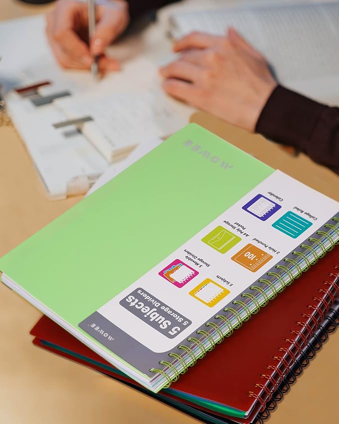 5-Subject Spiral Notebook, College Ruled, with Pocket & Tab Dividers | 200 Pages, 11" Ruler, 8.5"x11" 3PCMulti, Pocket Dividers with Tab Labels, for Writing Journal, Home, Office & School Supplies