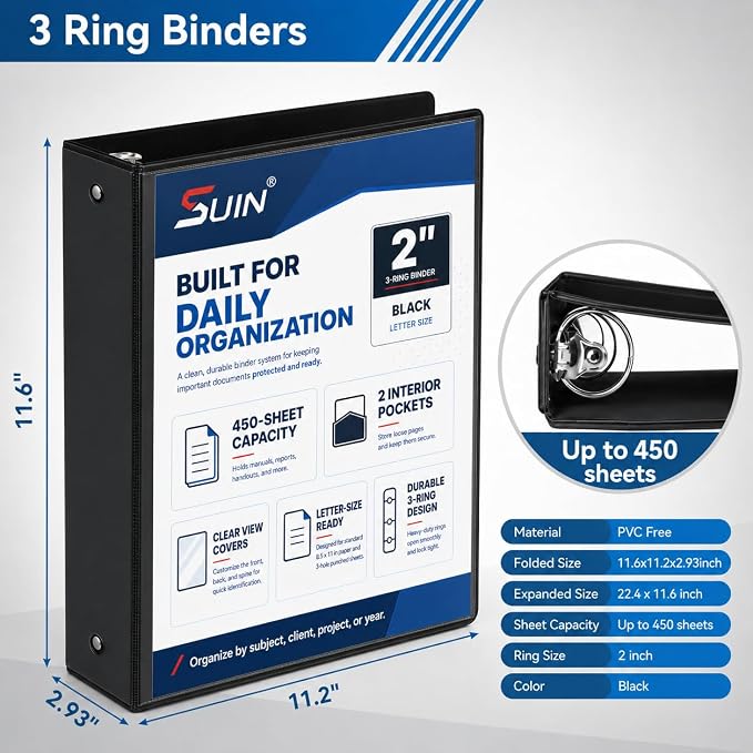 SUIN 2-Inch 3-Ring Binders with 2 Interior Pockets, Heavy Duty Clear View Presentation Binder Holds 425 Sheets Letter Size, Office School Home,6 Pack