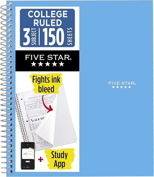 Five Star Spiral Notebook + Study App, 3 Subject, College Ruled Paper, 8.5" x 11", 150 Sheets, Blue (Color May Vary) (820003NH0), (Pack of 6)