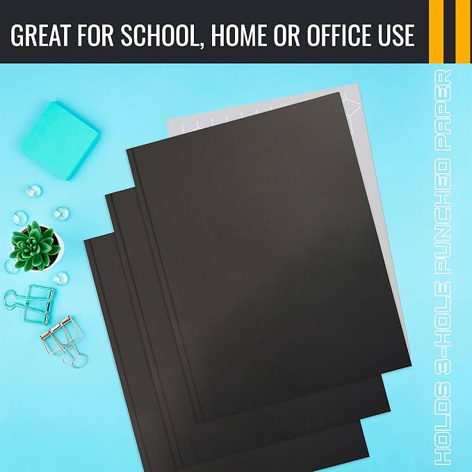 Better Office Products Black Paper 2 Pocket Folders with Prongs, 50 Pack, Matte Texture, Letter Size Paper Folders, 50 Pack, with 3 Metal Prong Fastener Clips, Black