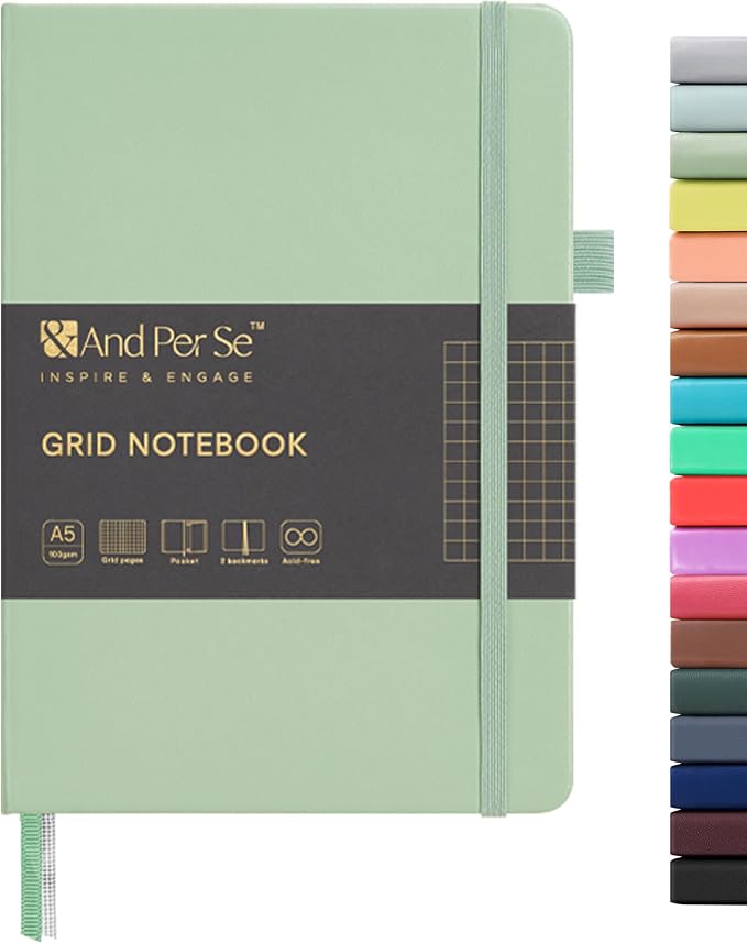 &And Per Se Graph Notebook, 5mm Grid, A5 Hardcover, 160 Pages 100gsm Thick Paper, Grid Journal for Diagrams, Wireframes, CAD Sketches (Light Green)