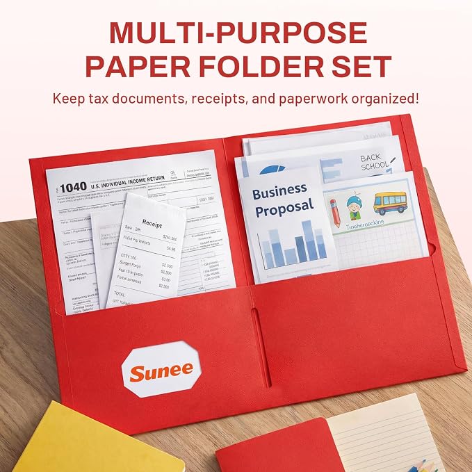 SUNEE Folders with Pockets(25 Pack, Red), 2 Pocket Folders Fit Letter Size Paper, Paper File Folder for School Office Home Business