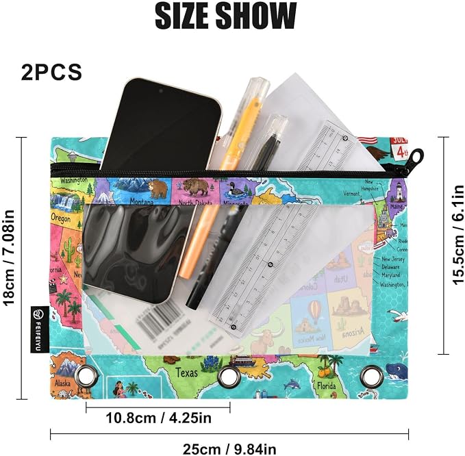 United States Map Pencil Pouch for 3 Ring Binder, 2 Pack Zipper Pencil Pouches with Clear Window Pencil Bag Case Office School Supplies