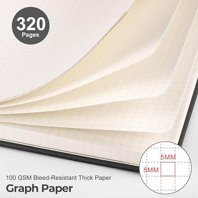 EMSHOI Graph Grid Journal Notebook, 320 Pages, A5 Size (5.7'' x 8.3'') | Leather Hardcover, 100 GSM Thick Paper, for School, Note Taking, Math, Engineering, Sun Debossed (Black)