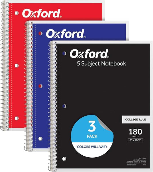 Oxford Spiral Notebook,5 Subject Writing Journal, 3-Hole Punch, College Ruled Paper, 4 Dividers, 8 x 10-1/2 Inch, Black, Red, Blue, 180 Sheets (65203)(Pack of 24)