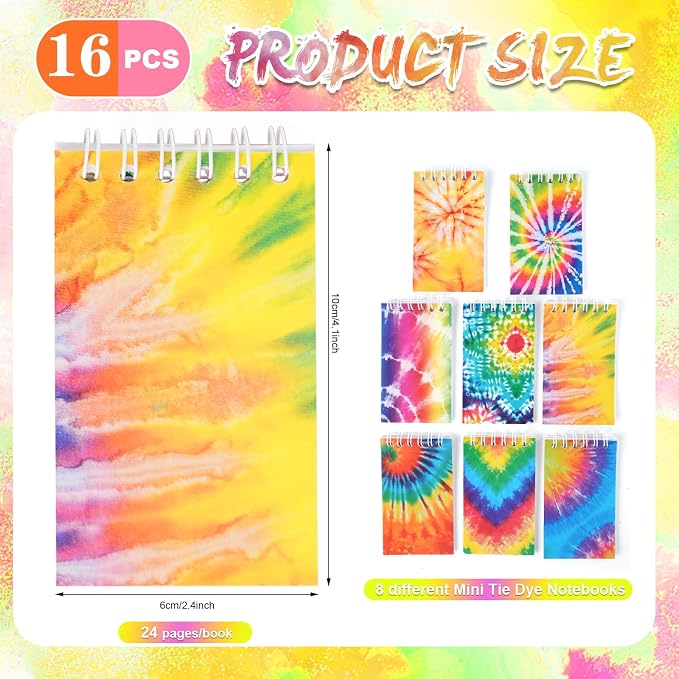 OZIO 16PCS Mini Tie Dye Notepads Multicolor Style Pocket Notebooks, Spiral Mini Notebook Pastel Art Party Small Notepad for Tie Dye Birthday Party Favors, 8 Styles(16) (16)