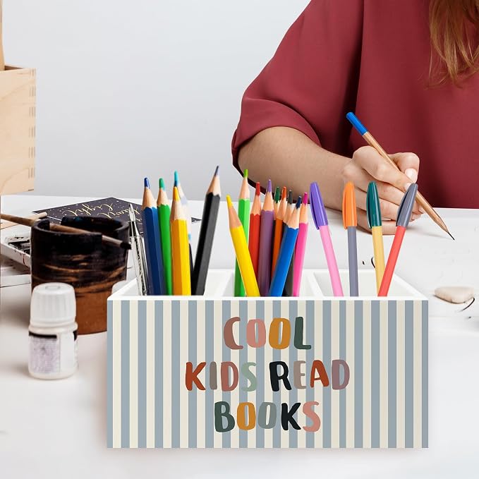Boho Reading Room Pen Pencil Holder Organizer for Desk, Cool Kids Read Books Bookish Wooden Box Signs Decorations for Kids Reading Room Classroom Desk Tabletop, Book Lover Reader Gifts