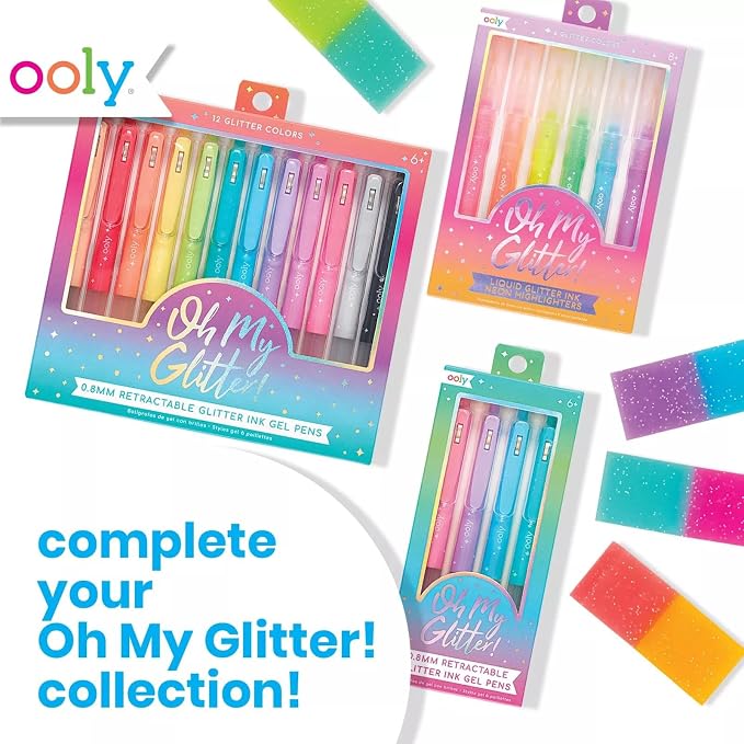 OOLY Oh My Glitter Neon Highlighters, Set of 6 | Ages 8+, Chisel Tip Glitter Markers, Liquid Neon Ink, Acid-Free, Great School and Stationery Supplies for Kids