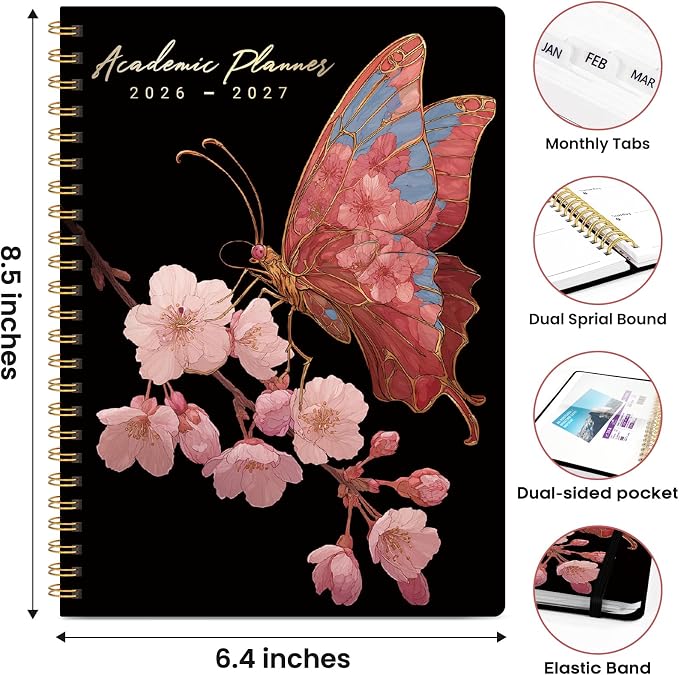 Academic Planner 2026-2027, Weekly and Monthly Calendar Book, July 2026 – June 2027, Hardcover Planner with Tabs, Perfect for Teachers, Students, Women & Men, A5 (6.4" x 8.5") - Blossom Flight
