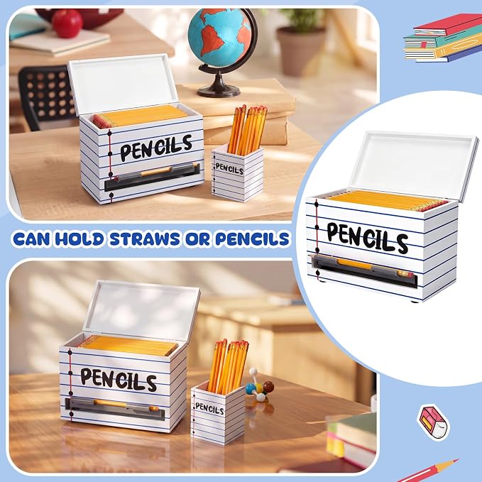 Mifoci Wooden Pencil Dispenser Kit for Classroom Wooden Pen Holder Straw Dispenser Sharp and Dull Letter Stickers for Teachers Classroom Supplies Storage(Notebook Line)