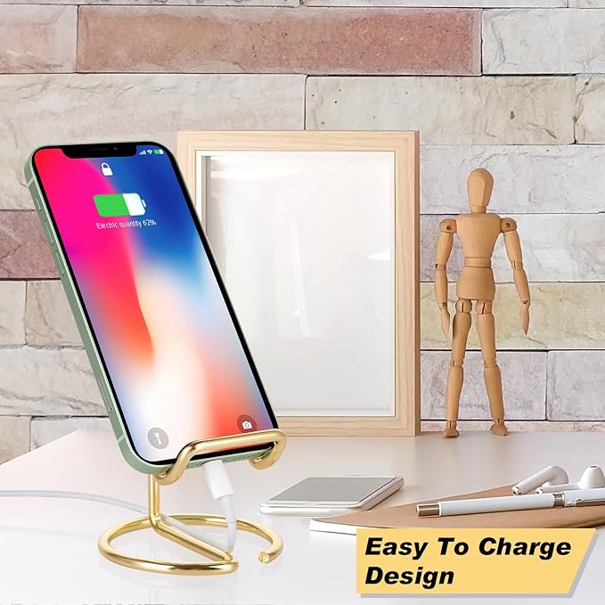 ROPOSY 2 Pack Cell Phone Stand for Desk, Cute Metal Gold Cell Phone Stand Holder Desk Accessories, Compatible with All Mobile Phones, iPhone, iPad