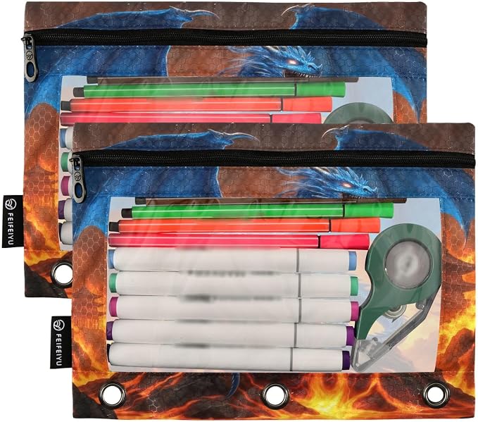 Gredecor 3 Ring Binder Pencil Pouch, Blue Dragon Glowing Eyes Zippered Pen Case Pouches with Clear Window, 2 Pack Stylish Office & School Supplie