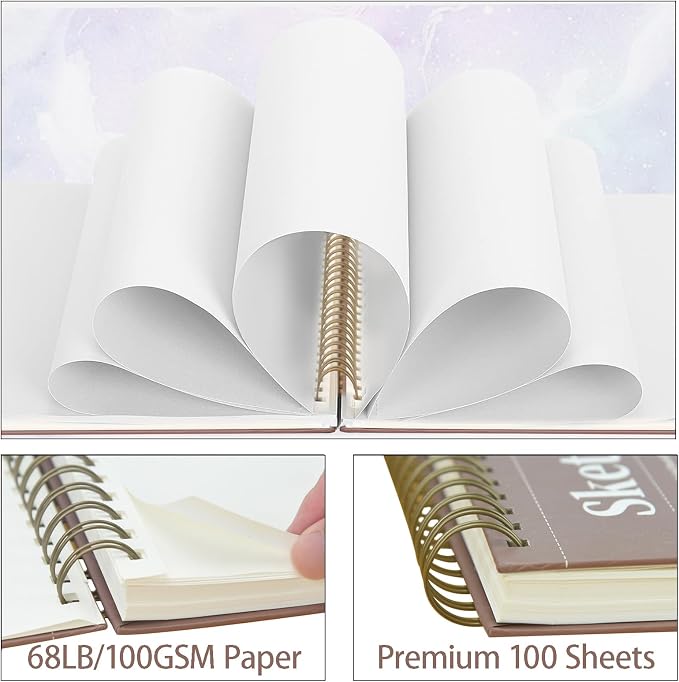 Crehatos 9" x 12" Sketch Book 100 Sheets Each, 2 Pack | Top Spiral Bound Sketch Pad, 68lb/100gsm Drawing Paper for Dry Media