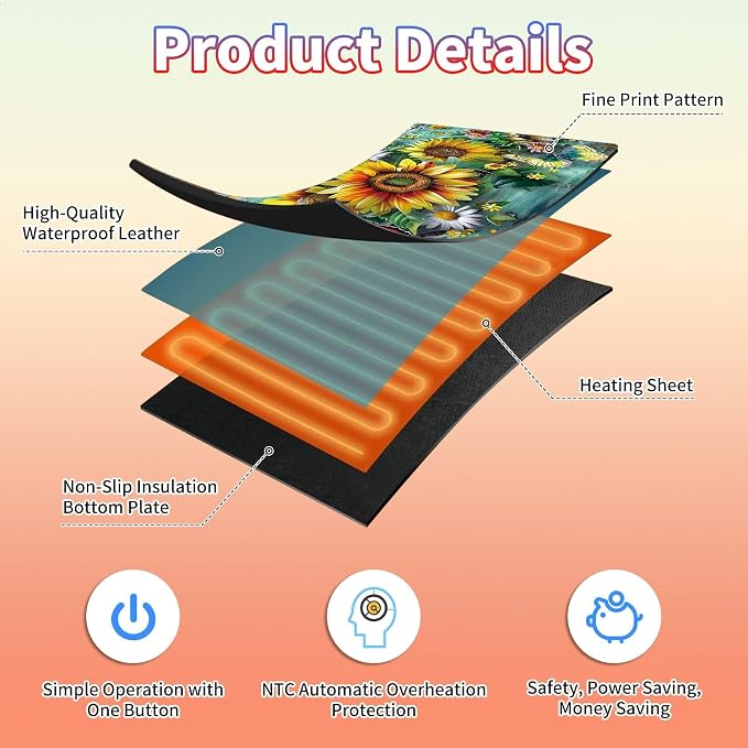 Heated Desk Pad Large Mouse Pad 23.6 x 14.1 inch with 3 Levels Heating & Auto Shut-Off Warm Mouse pad PU Leather Computer Mousepad for Home Office Work - Flower Butterflies