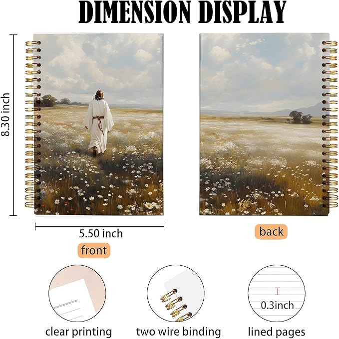 Christian Notebook – Jesus Walking in Peaceful Meadow – Religious Journal with Nature Artwork – Hardcover Faith Diary for Daily Writing, Spiral Bound 5.5x8.3 Inches