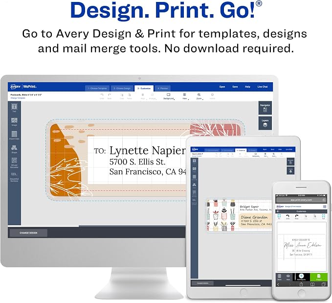 Avery Print-to-the-Edge Printable Shipping Labels, 2" x 3.75", Matte White, Sure Feed Technology, Laser & Inkjet Printer Compatible, 200 Blank Labels per Pack (5 Packs of 6873)