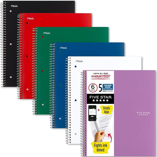 Five Star Spiral Notebook + Study App, 6 Pack, 5 Subject, College Ruled Paper, Fights Ink Bleed, Water Resistant Cover, 8-1/2" x 11", 200 Sheets, Assorted Colors (73793)