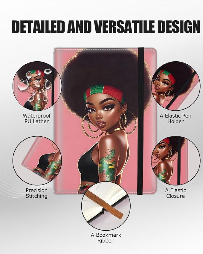 Hardcover Executive Notebooks, A5 PU Leather Lined Journal Notebook, 200 Pages Thick Paper Subject Notebooks for School,Work,Home Writing Business Notebook, Diary Book, African Black Girl