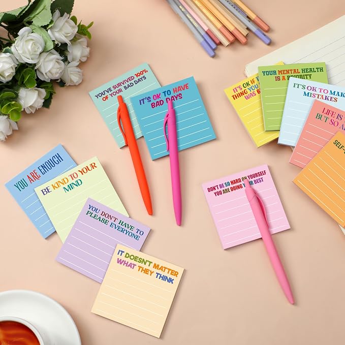 Yinder 24 Pcs Inspirational Sticky Notes, Back to School Supplies, Cute Motivational Sticky Notes Pad Employee Appreciation Gifts Bulk for Teacher Coworker Office 3 x 3'' (Mental Health,Light Colors)