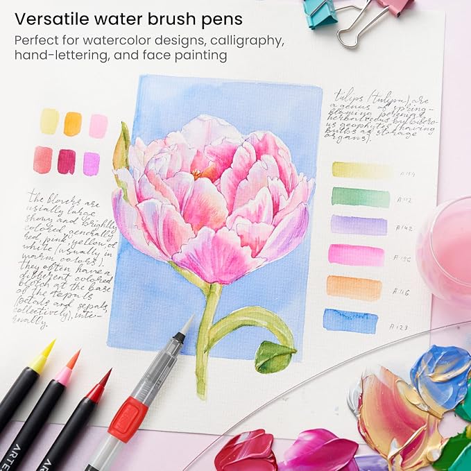 Arteza Water Brush Pens, Set of 6, with Assorted Soft Nylon Bristle Tip Sizes, Self-Moistening Water Color Paint Pens for Aquarelle, Ink, and Watercolor Painting