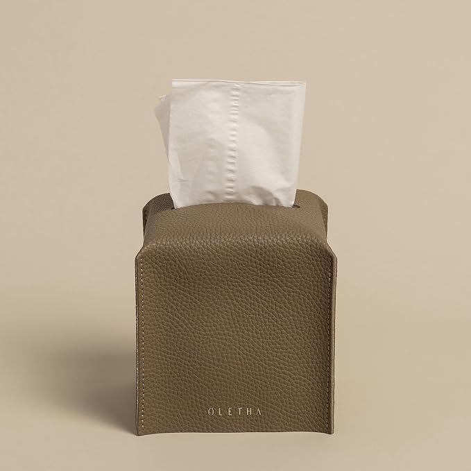 OLETHA Square Tissue Box Cover - Aesthetic Desk Decor for Room, Home & Office - Tissues Cube Boxes Holder - Tan Gray, Set of 2