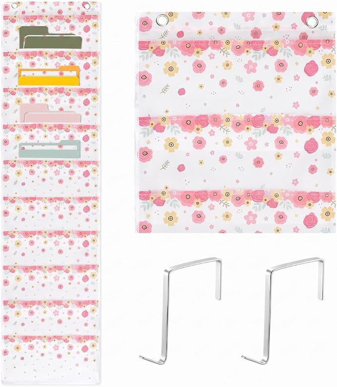 MotiMind 10 Wildflower Pockets Wall Hanging File Folders File Storage Pocket Chart for Classroom Hanging Wall Organizer with 2 Over The Door Hangers, 58" x 14" for School Classroom Office Home