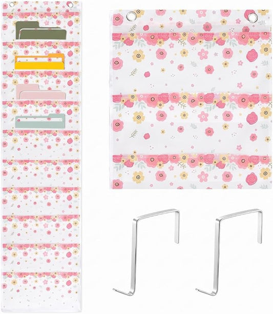 MotiMind 10 Wildflower Pockets Wall Hanging File Folders File Storage Pocket Chart for Classroom Hanging Wall Organizer with 2 Over The Door Hangers, 58" x 14" for School Classroom Office Home
