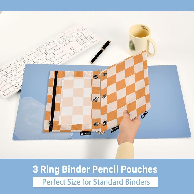 Orange Checkerboard Pencil Pouch for 3 Ring Binder 2 Pack Zipper Binder Pencil Bag Case with Clear Window Office Supplies