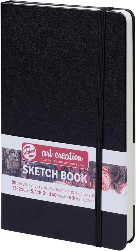 Talens Art Creation Sketchbook, Black, 80 Sheets, 5.1 x 8.3 in | Hard-Bound Pocket Notebook, 140 GSM/94 lbs Paper, Acid-Free Cream Blank Paper, Ribbon Bookmark, and Elastic Closure