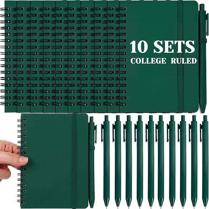 Fulmoon 10 Set Small Spiral Notebooks A6 with Pens Bulk, Multicolor 4" x 6" Pocket Notebooks Mini Lined Journals 50 Sheets for Back to School Supplies Students Rewards Office Gifts (Forest Green)