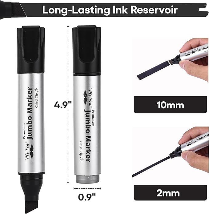 Mr. Pen- Jumbo Permanent Markers, 4 Pack, Black, Chisel Tip | Wide Tip, Large, Thick Permanent Markers for Canvas, Posters Board, Fabric, Window, Glass, Wood, Waterproof, Quick Dry
