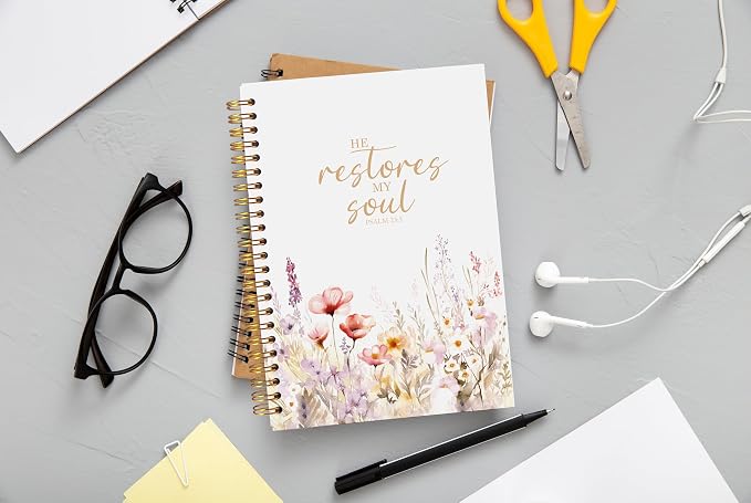 Christian Floral Spiral Notebook Journal 5.5x8.3 Inch | Prayer Journal for Women,Bible Journaling Notebook,PSALM 23:3 He Restores My Soul Religious Lined Hardcover Spiral Notebook