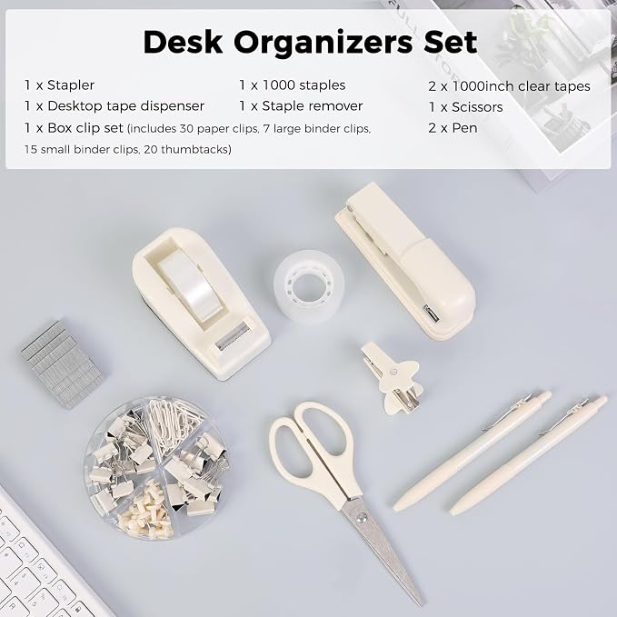 Office Supplies Set – All-in-One Desk Accessories Kit with Stapler, Tape Dispenser, Scissors, Clips & Remover, Cute Desk Organizer Set for Home Office, School & Workspace Organization