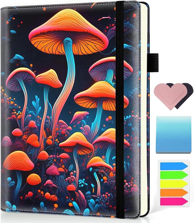 Hardcover Executive Notebooks, A5 PU Leather Lined Journal Notebook, 200 Pages Thick Paper Subject Notebooks for School,Work,Home Writing Business Notebook, Diary Book ， Psychedelic Mushrooms