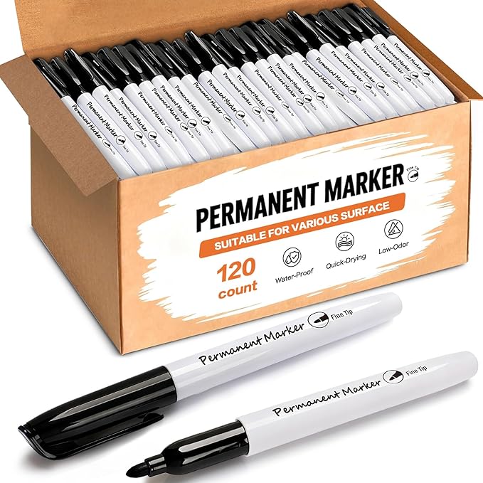 Permanent Markers Bulk, 120 Pack Black Fine Point Markers, Quick Dry Waterproof Markers for Plastic, Glass, Wood & Metal, Back to School Supplies, Office, Home & Warehouse