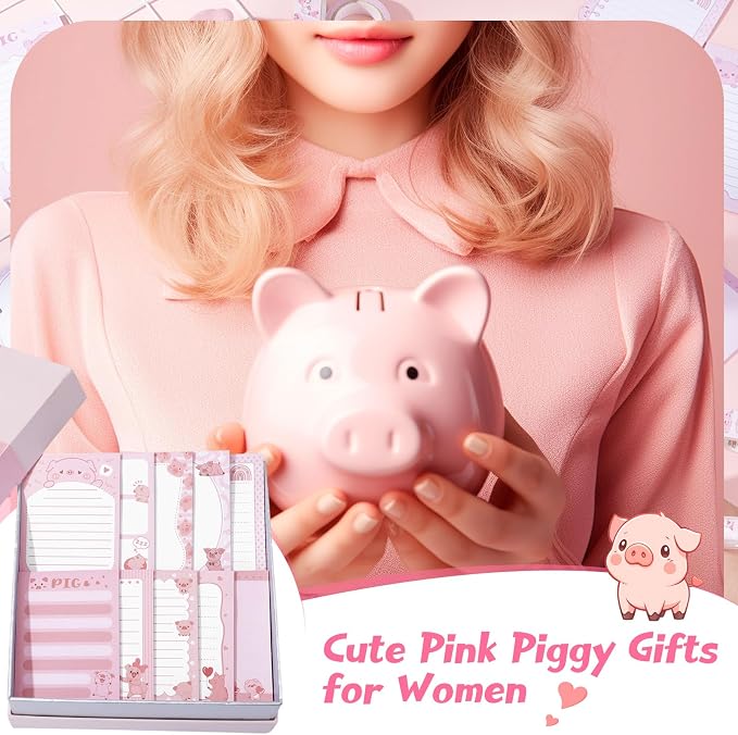 Chiisong 12 Pads Piggy Sticky Notes 3x4 Inch Cute Self Stick Notepads Notes Adhesive Memo Pad Office Decor Gifts Pink Kawaii Memo for Christmas Students School Teacher Meeting Office Supplies