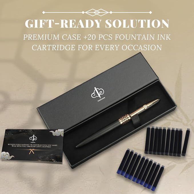 YUNCHUN Refillable Fountain Pen Medium Nib, Fancy Ink Pen with 10 Black & 10 Blue Ink Refills Cartridges, Cool Ink Pens for Writing, Business Metal, Best Gift Set for Men & Women, Blcak